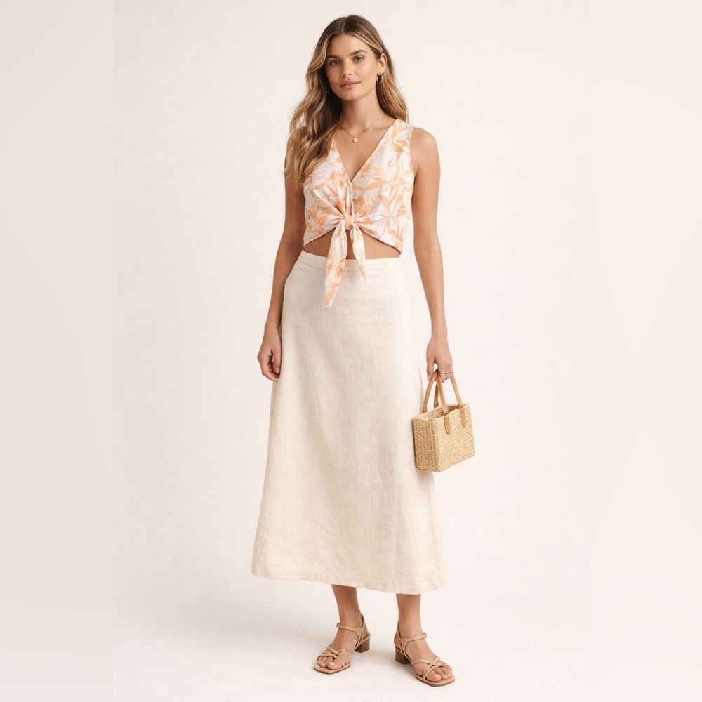 Abercrombie & Fitch pale orange floral linen blend tie front sleeveless crop top - Picture 2 of 5